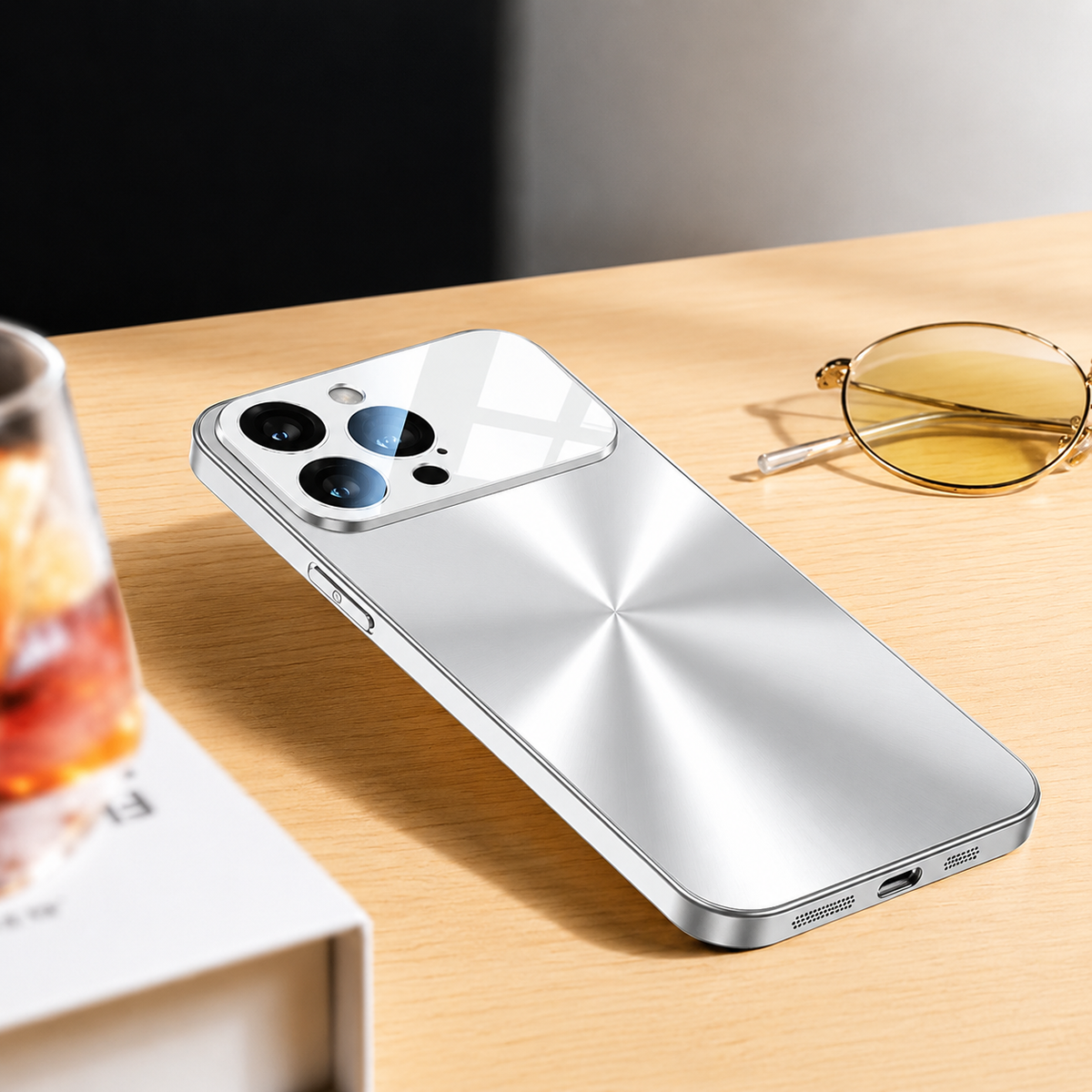A silver-colored metallic-looking phone case lies beside yellow-tinted glasses and a drink on wood, showing a radial brushed back and reflective camera panel.