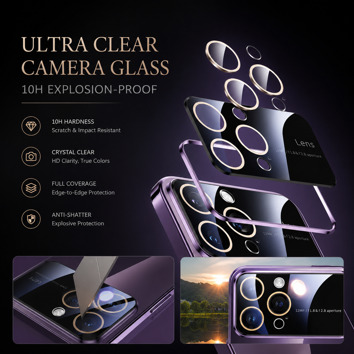 An exploded camera-cover diagram shows multiple layers and circular lens covers above a purple case. Text advertises clear camera glass, hardness, full coverage and shatter resistance.