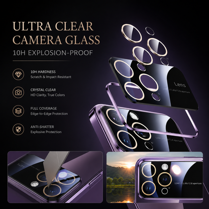 An exploded camera-cover diagram shows multiple layers and circular lens covers above a purple case. Text advertises clear camera glass, hardness, full coverage and shatter resistance.