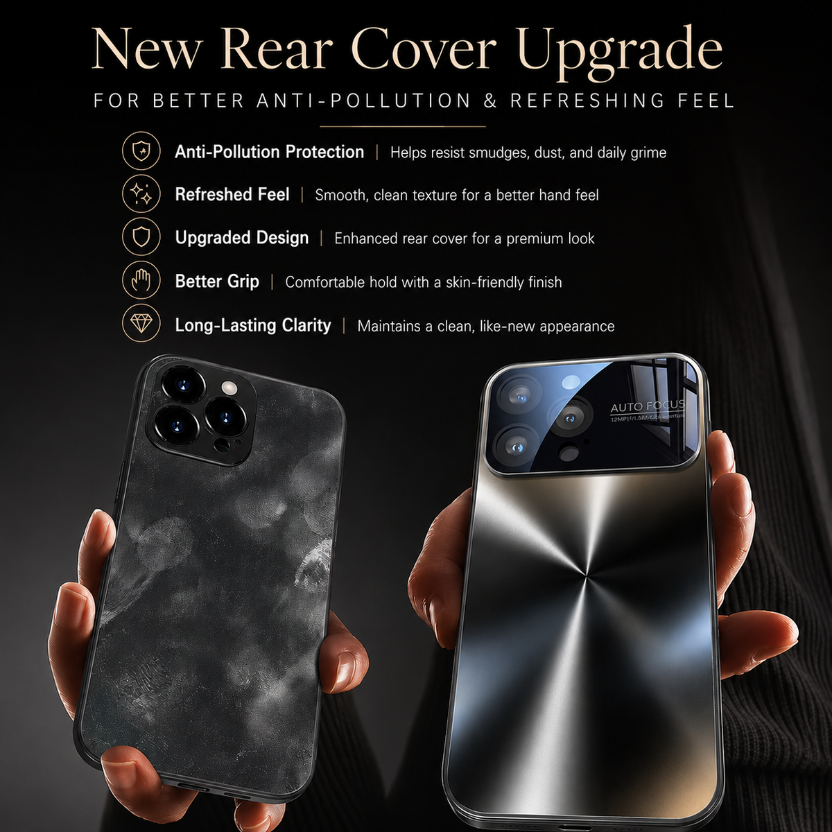 Hands display a smudged dark comparison case beside a clean radial-patterned case. “New Rear Cover Upgrade” text advertises resistance to grime, improved grip and easy cleaning.