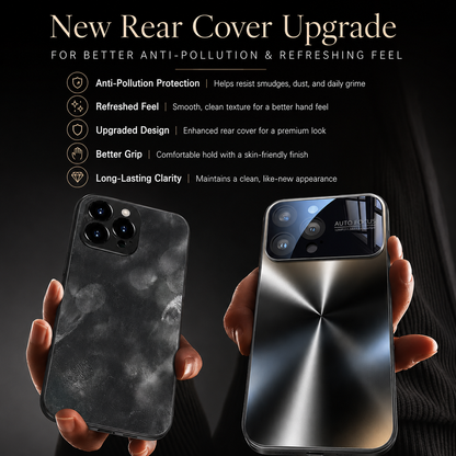 Hands display a smudged dark comparison case beside a clean radial-patterned case. “New Rear Cover Upgrade” text advertises resistance to grime, improved grip and easy cleaning.