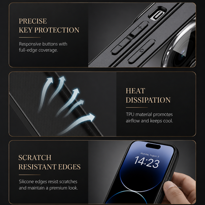 Three detail panels show side buttons, illustrated airflow rising from a case edge and a phone held face forward. Text advertises responsive controls, heat dissipation and scratch-resistant edges.