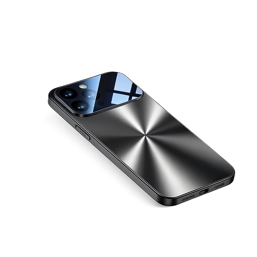 A dark metallic-looking phone case lies diagonally against black. A radial brushed pattern fans from its back’s center beneath a broad reflective camera panel showing a window reflection.