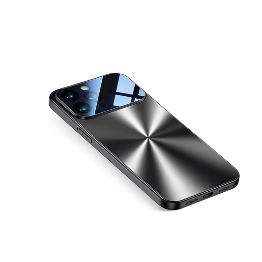 A dark metallic-looking phone case lies diagonally against black. A radial brushed pattern fans from its back’s center beneath a broad reflective camera panel showing a window reflection.