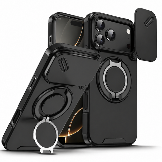 Black phone case shown from the front and back, with a sliding camera cover opened sideways. A second rear view shows the circular ring folded out as a stand.