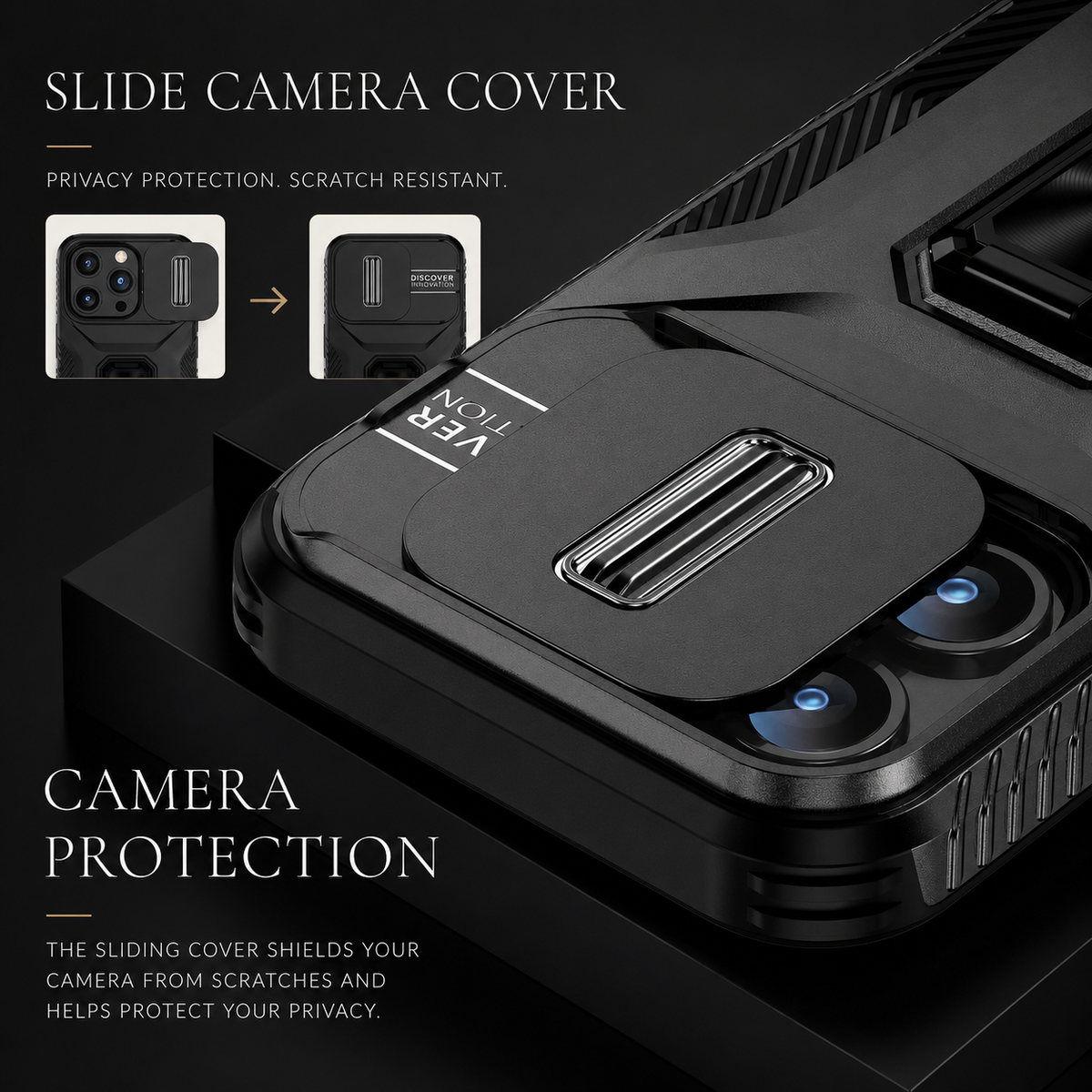 A close-up shows a black case’s sliding camera cover partially covering the lenses. Insets compare open and closed positions; text advertises camera scratch protection and privacy.