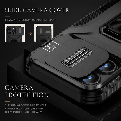 A close-up shows a black case’s sliding camera cover partially covering the lenses. Insets compare open and closed positions; text advertises camera scratch protection and privacy.