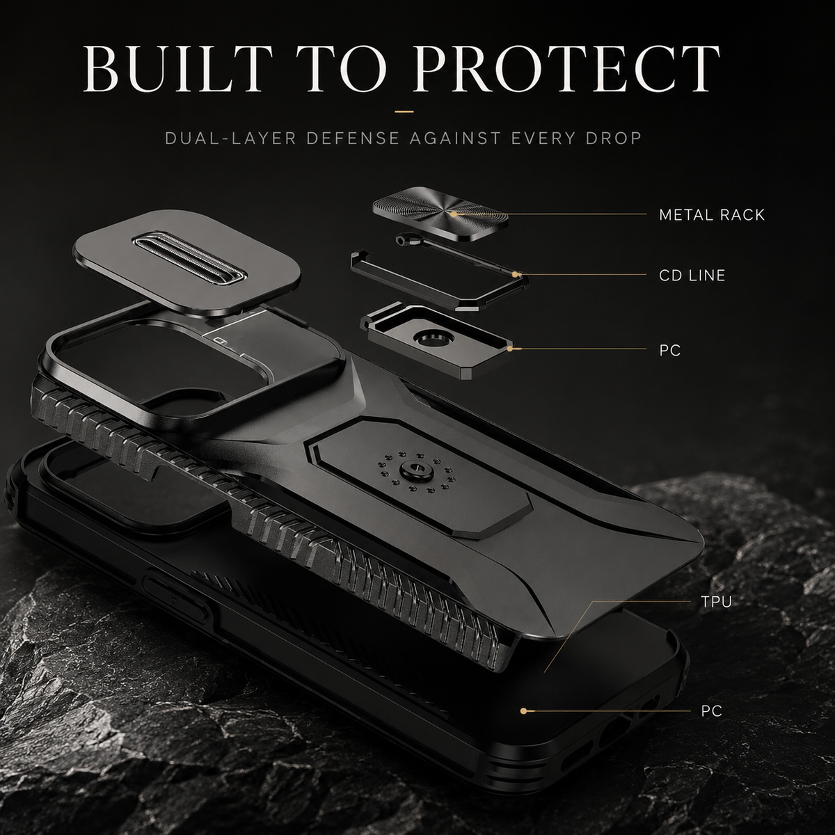 An exploded illustration separates a black armor-style case’s camera slider, rectangular ring assembly and body layers. Labels identify metal, polycarbonate and TPU parts; text advertises dual-layer protection.