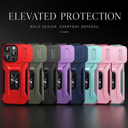Eight armor-style phone cases stand in a row in red, olive, black, purple, navy, mint and two pink shades. Sliding camera covers and black rectangular ring attachments appear beneath “Elevated Protection” text.