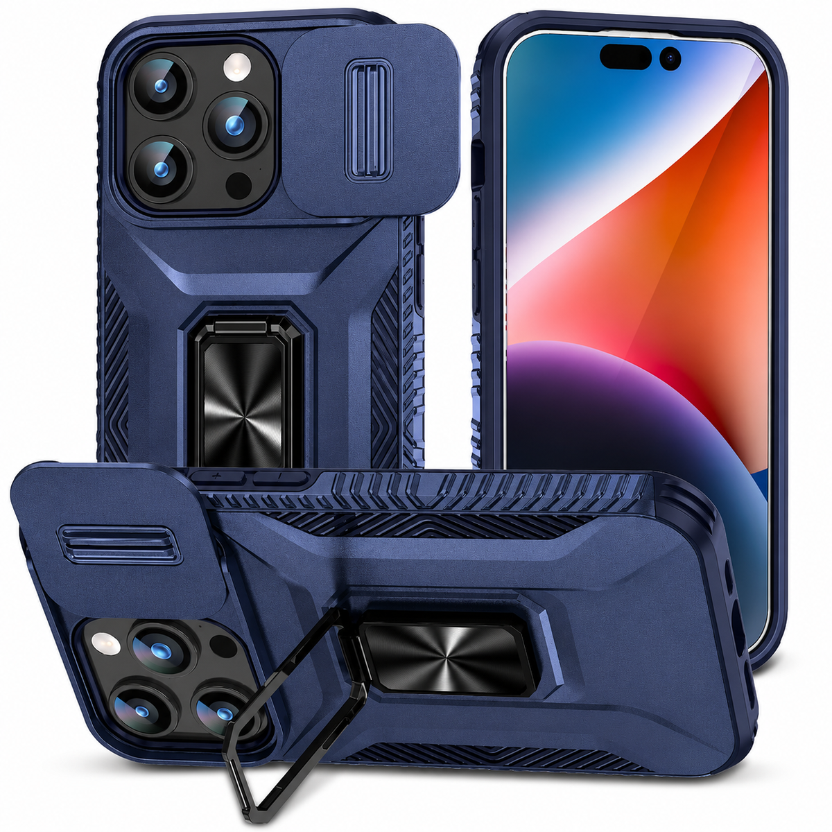 Three views show a navy armor-style case from front and back and propped horizontally on a ring stand. The open sliding camera cover and ridged side grips are visible.