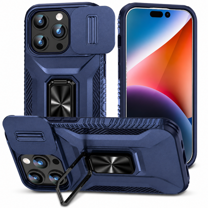 Three views show a navy armor-style case from front and back and propped horizontally on a ring stand. The open sliding camera cover and ridged side grips are visible.