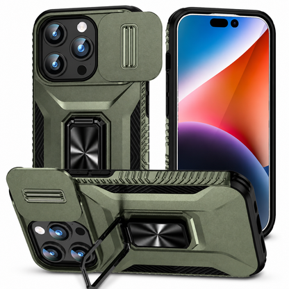 Front, rear and horizontal stand views show an olive green armor-style case with angular panels, ridged sides, an open sliding camera cover and a black rectangular ring attachment.