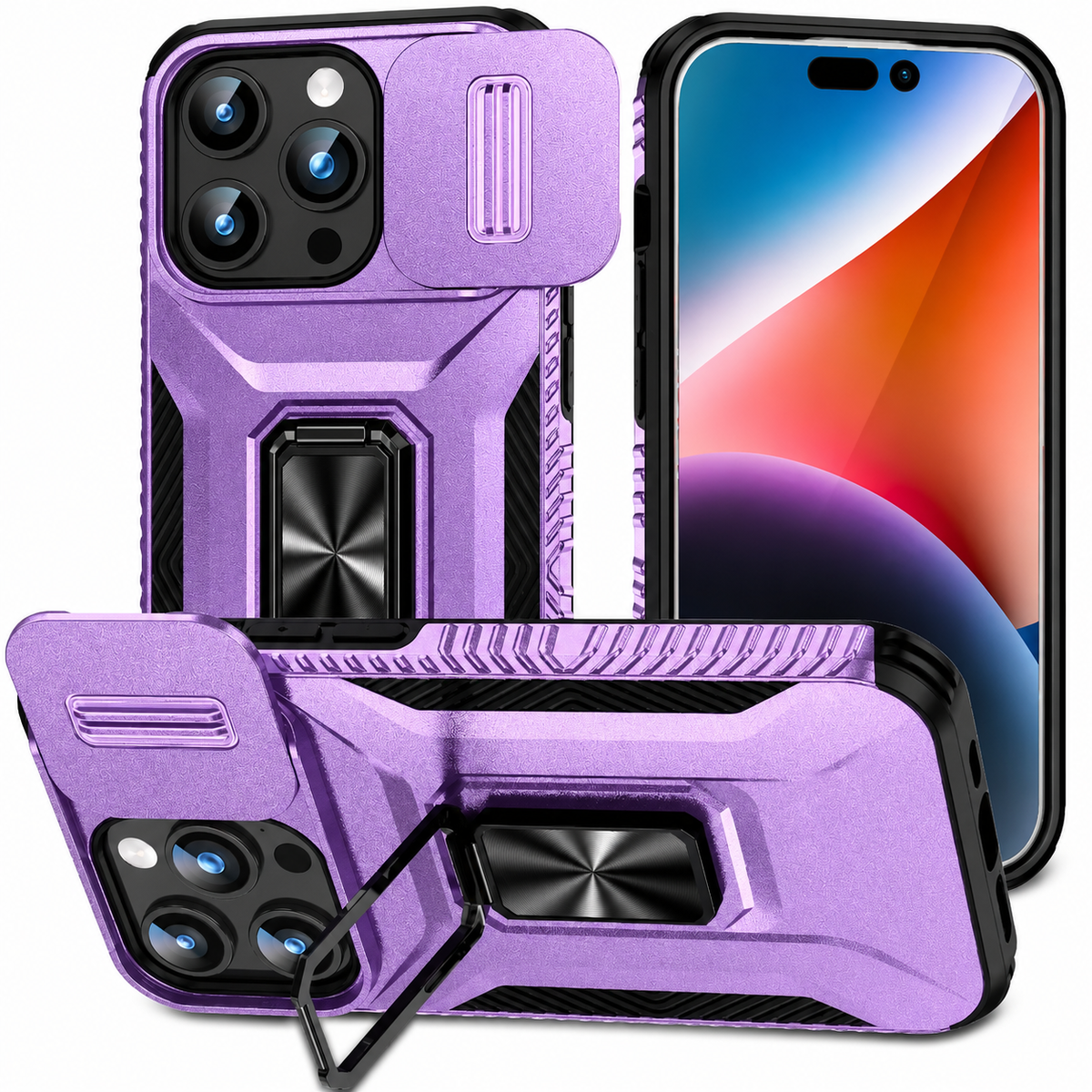 Three views show a purple armor-style case from front and back and propped horizontally on a black ring stand, with the camera cover slid open.