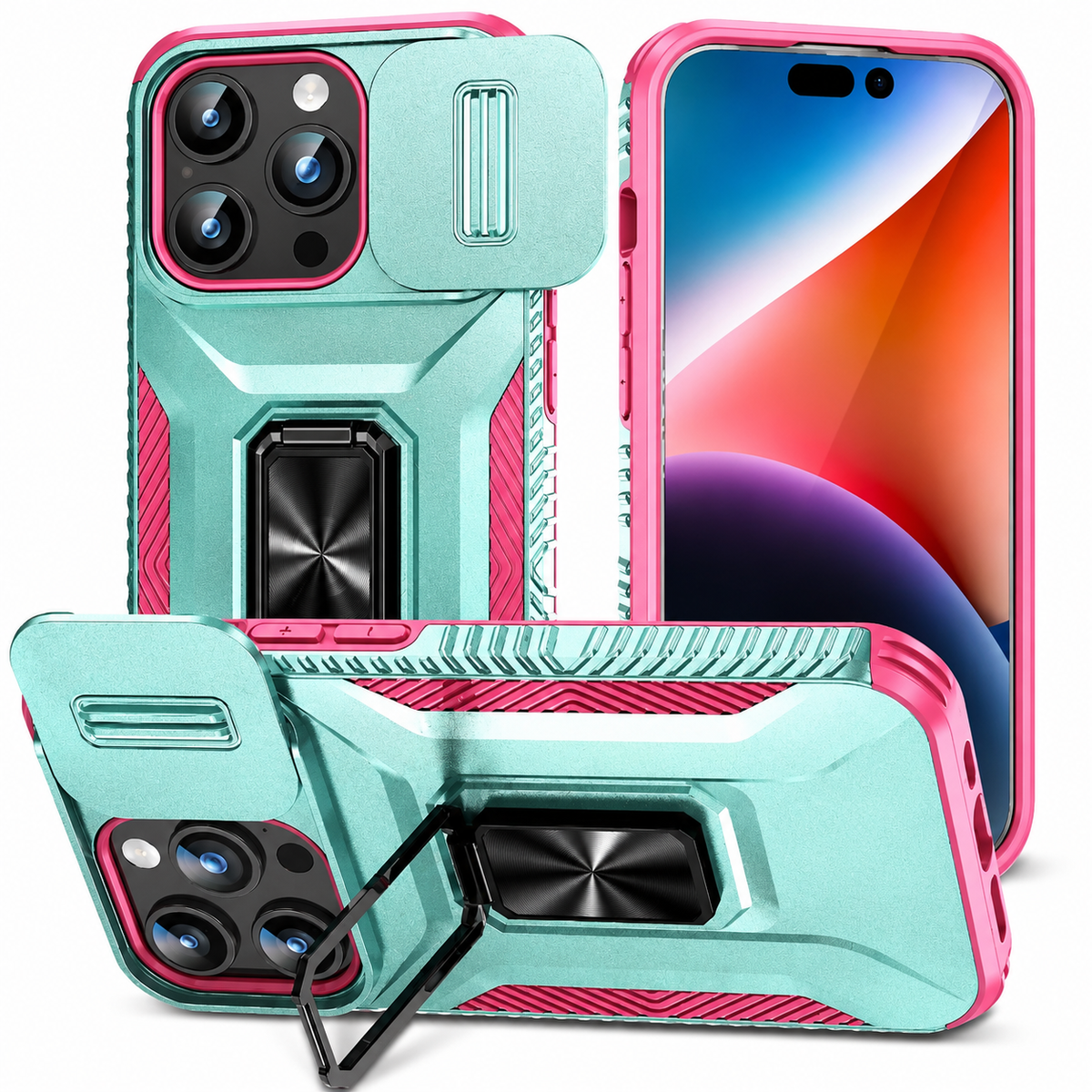 Three views show a mint armor-style case with bright pink edges, an open sliding camera cover and black rectangular ring stand, including horizontal stand use.
