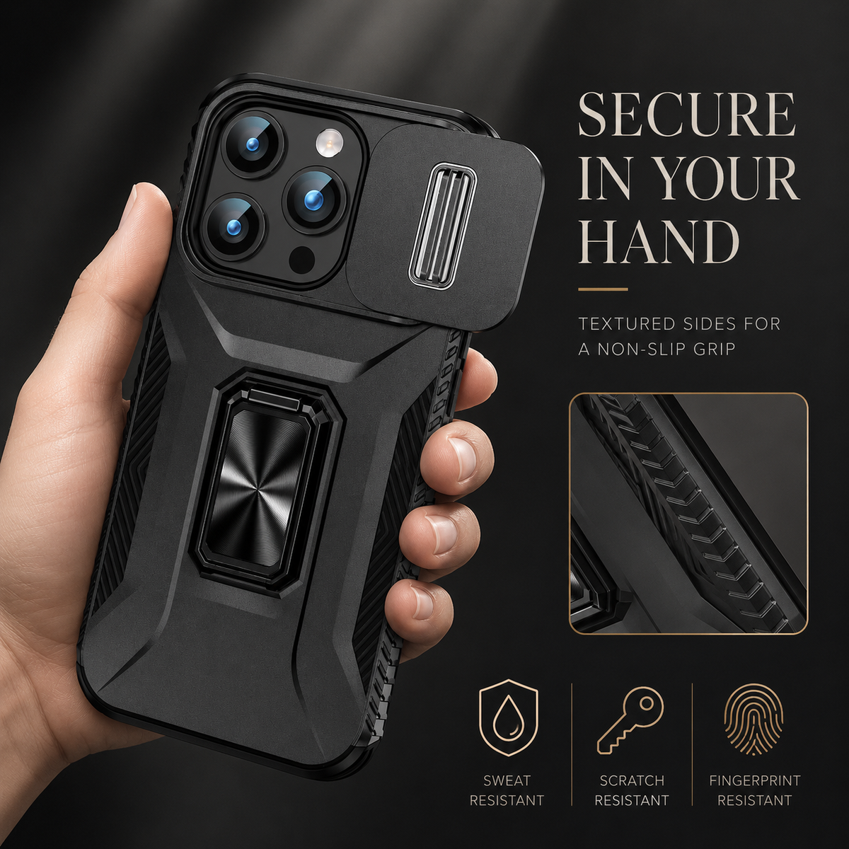 A hand holds a black armor-style case upright, showing its angular back, open camera cover and central rectangular ring attachment. An inset highlights textured sides; text advertises a non-slip grip.