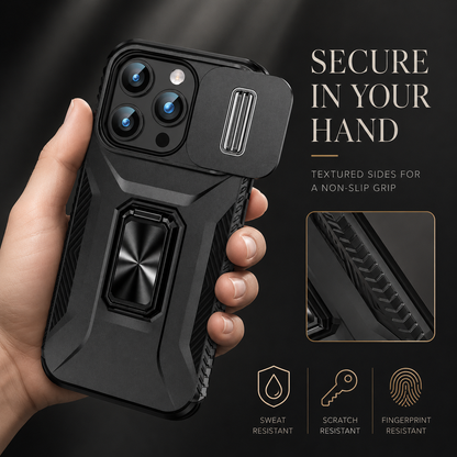 A hand holds a black armor-style case upright, showing its angular back, open camera cover and central rectangular ring attachment. An inset highlights textured sides; text advertises a non-slip grip.