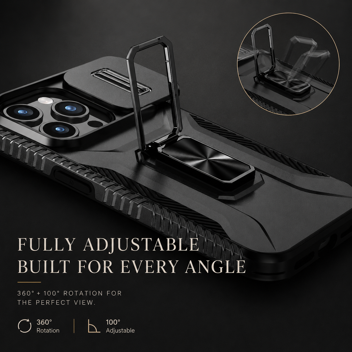 A close-up shows the rectangular ring raised from a black armor-style case lying flat. An inset illustrates rotation; text advertises adjustable angles and 360-degree rotation.