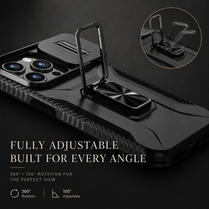 A close-up shows the rectangular ring raised from a black armor-style case lying flat. An inset illustrates rotation; text advertises adjustable angles and 360-degree rotation.