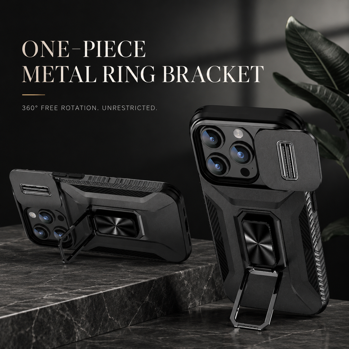 Black armor-style cases stand vertically and horizontally on their rectangular ring attachments atop dark stone blocks. Text advertises a one-piece metal ring bracket and free rotation.