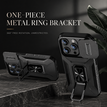 Black armor-style cases stand vertically and horizontally on their rectangular ring attachments atop dark stone blocks. Text advertises a one-piece metal ring bracket and free rotation.