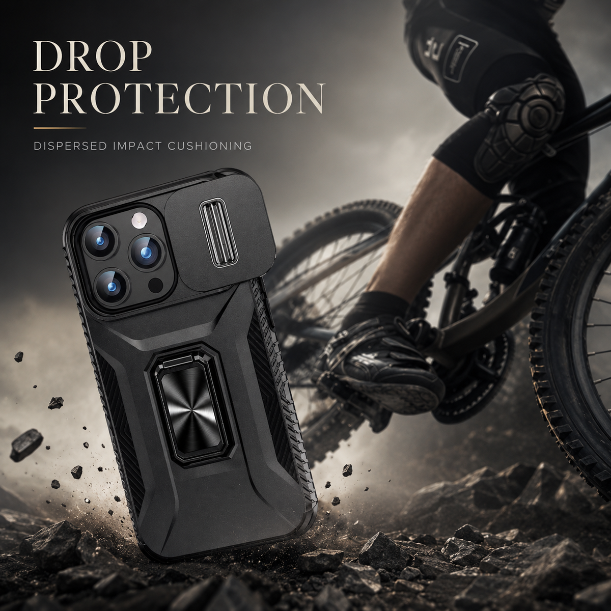 A black armor-style phone case is illustrated landing on rough ground beside a cyclist. “Drop Protection” text advertises impact cushioning.