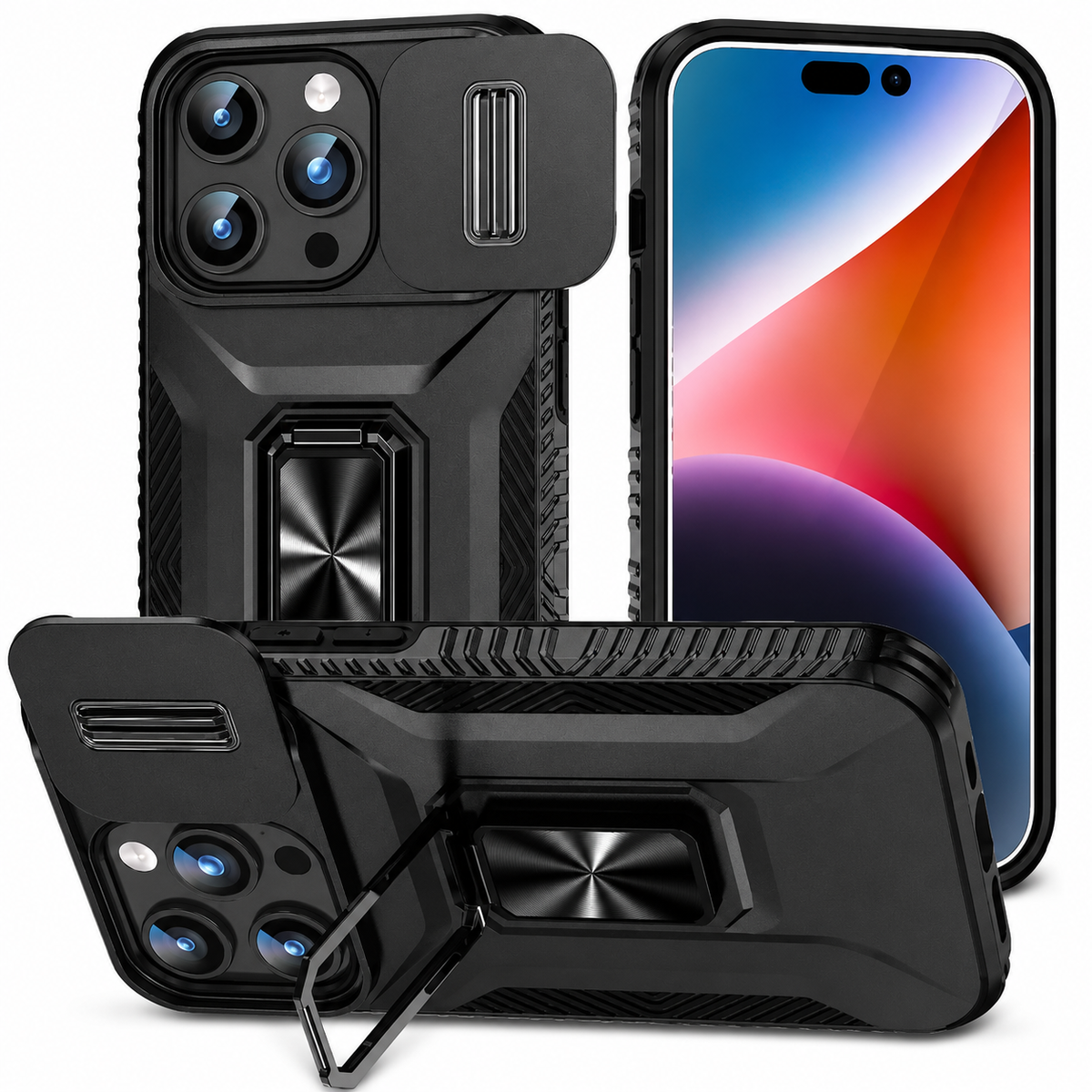 Three views show a black angular armor-style phone case from the back, front and supported horizontally by a rectangular ring stand. Its sliding camera cover is open, exposing three lenses.