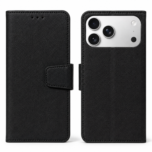 Front and rear views of a black textured wallet phone case standing upright, with stitched edges, three earpiece holes and a matching clasp tab.