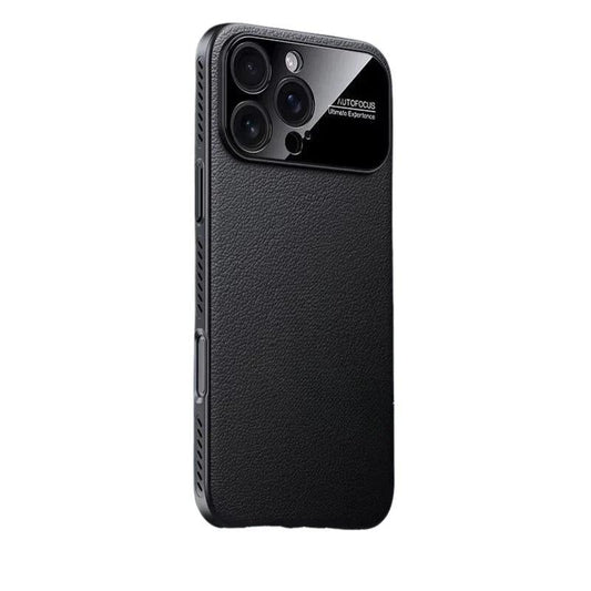A black leather-look phone case stands against white, with a pebbled back, slotted side frame and broad glossy black camera panel bearing small “Autofocus” lettering.