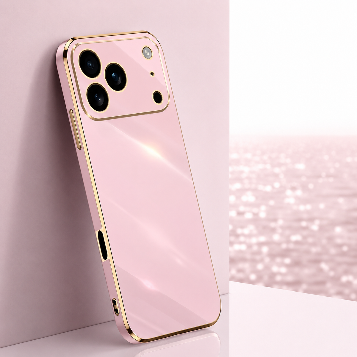 Pink glossy phone case with gold-colored edging and lens outlines, leaning against a pink block beside a bright window.