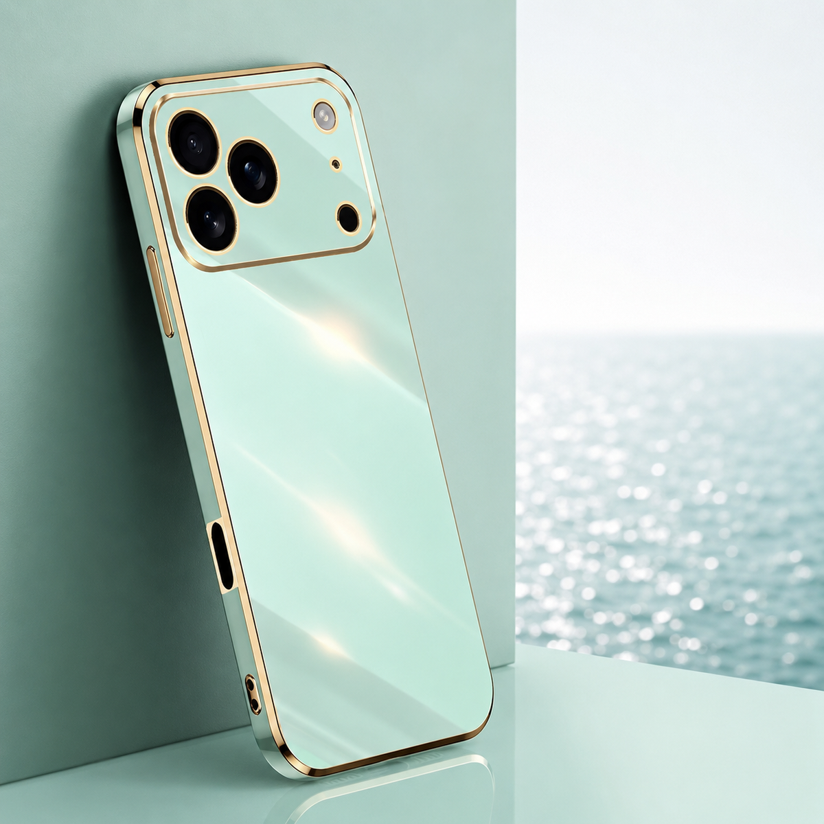 Mint-green glossy phone case with gold-colored trim and lens outlines, leaning against a green block beside a bright window.
