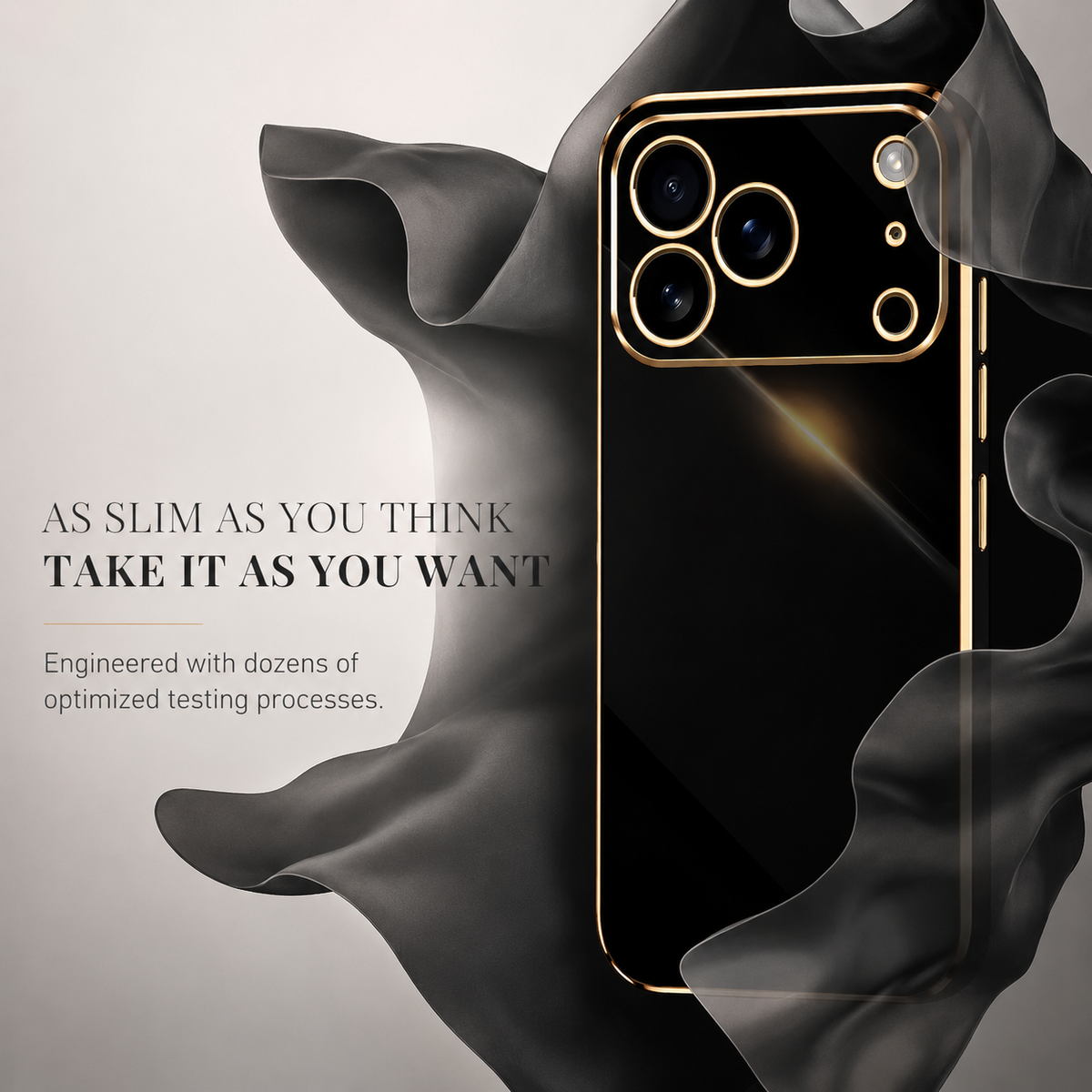 Black phone case with gold-colored camera and edge trim nestled in flowing black fabric. Text highlights its slim design.