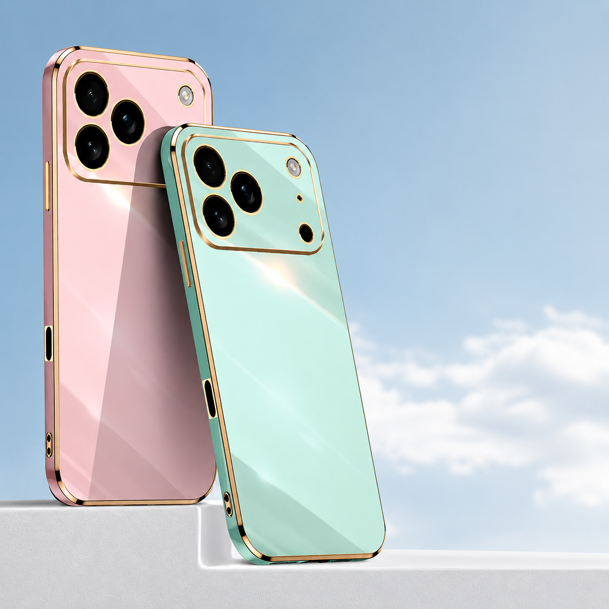 Pink and mint-green glossy phone cases with gold-colored edging stand together against a blue sky background.