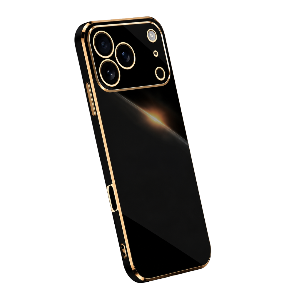 Glossy black phone case tilted against white, with gold-colored edges, side buttons and outlines around its camera panel and individual lenses.