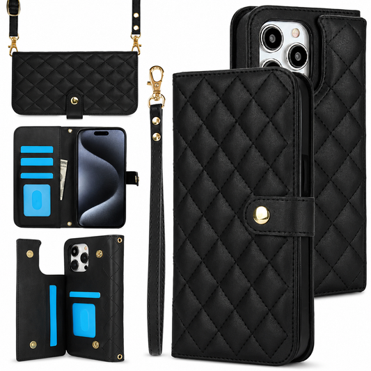 A collage shows a black diamond-quilted wallet case closed, open with card slots and hanging horizontally from a shoulder strap. A matching wrist strap and gold-colored closure button are visible.