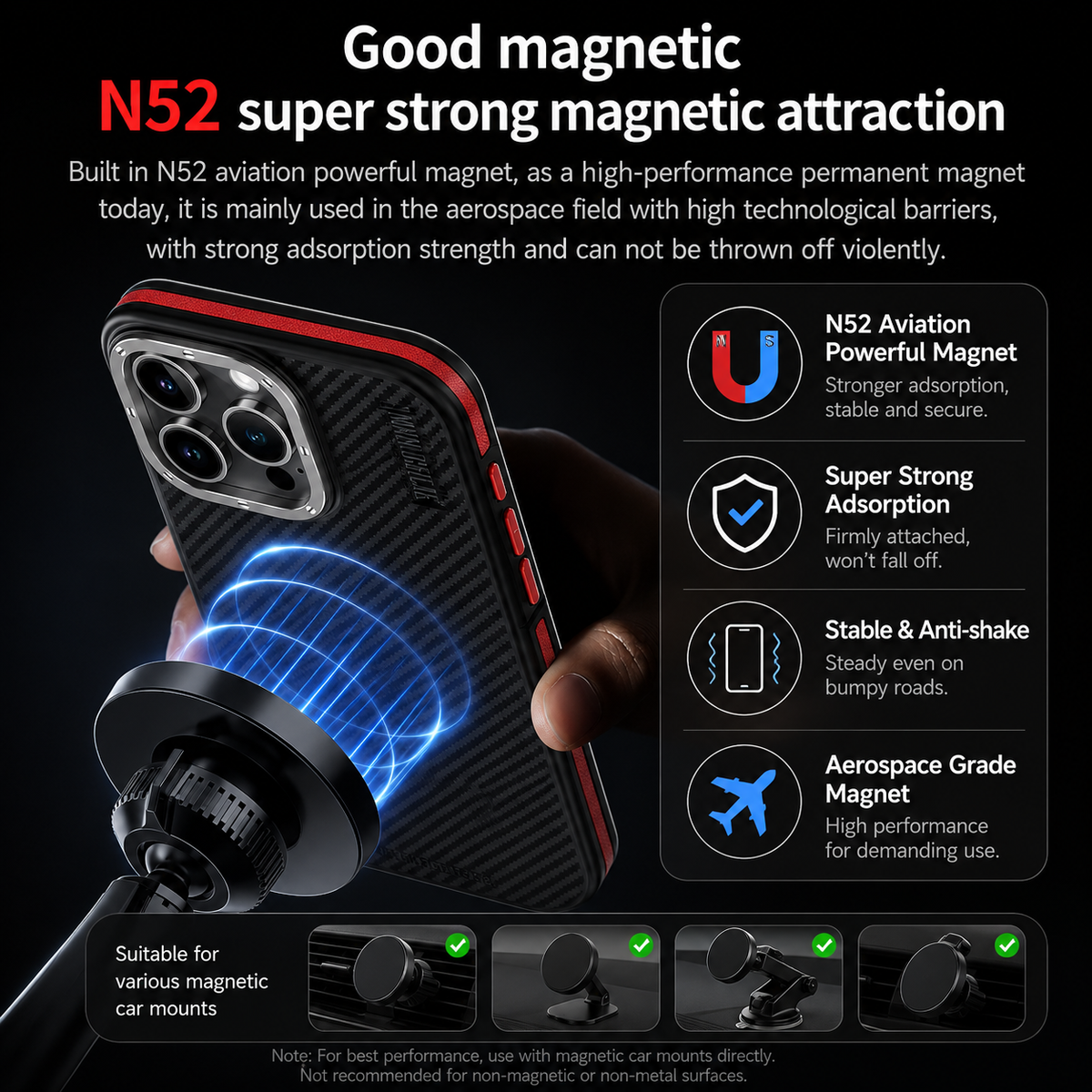 A hand holds a red-accented black woven phone while a dark cylindrical attachment is illustrated aligned with its back. Blue concentric rings visualize magnetic attraction between them. The dark infographic is headed 'Good Magnetic' with an N52 caption, four feature icons at right, and examples of magnetic accessories along the bottom.