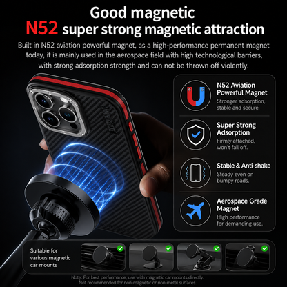A hand holds a red-accented black woven phone while a dark cylindrical attachment is illustrated aligned with its back. Blue concentric rings visualize magnetic attraction between them. The dark infographic is headed 'Good Magnetic' with an N52 caption, four feature icons at right, and examples of magnetic accessories along the bottom.
