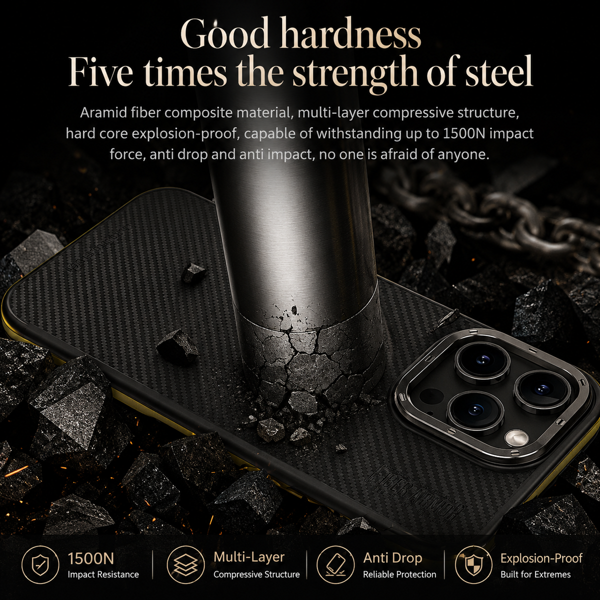 A dark impact illustration shows a large metal cylinder pressing onto a black woven phone case amid dust and broken fragments. The phone lies diagonally with three rear camera lenses visible. The headline states 'Good Hardness' and 'Five Times the Strength of Steel,' with a material caption and four labeled icons below.