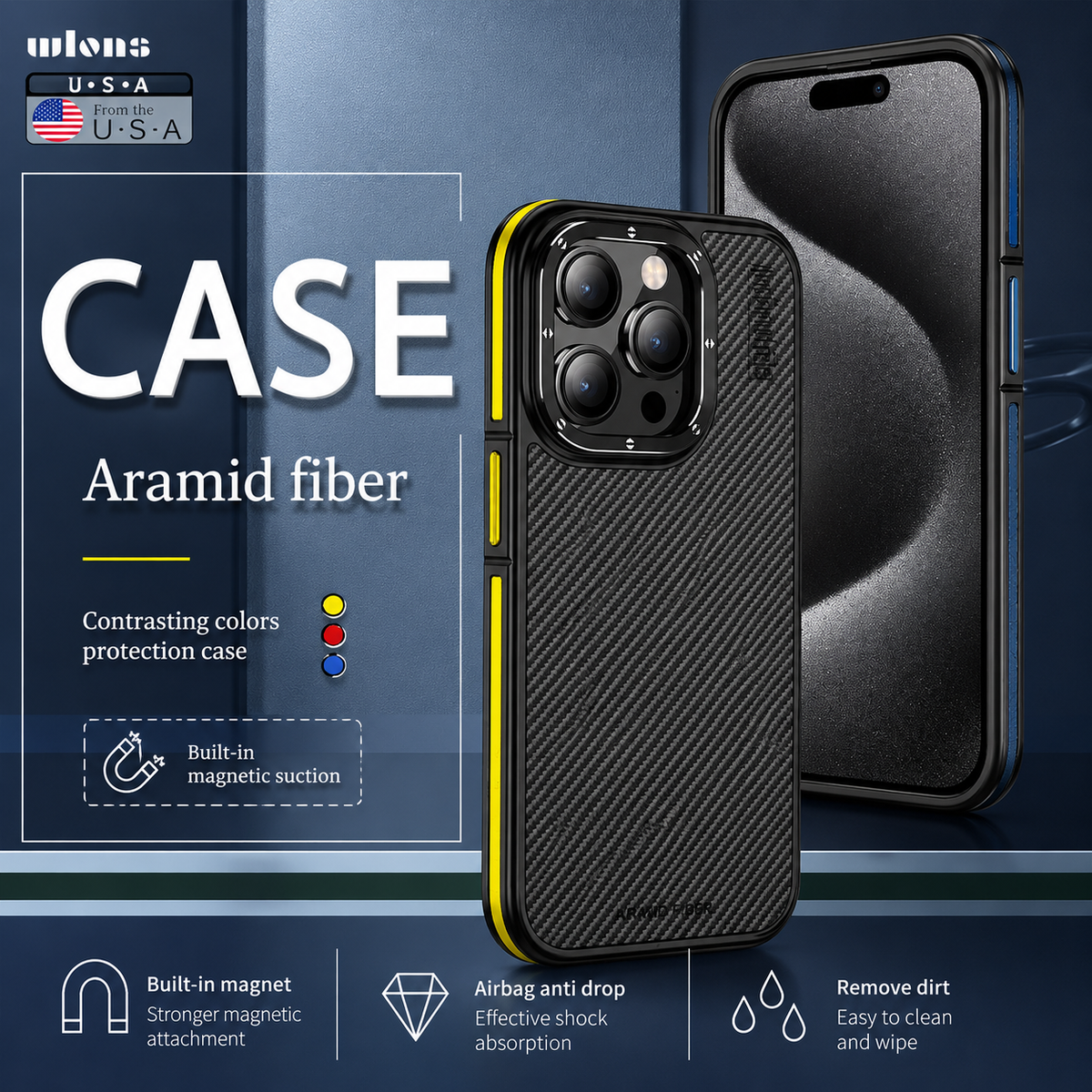 A blue product graphic shows front and rear views of a black woven phone with yellow side accents. The front screen is dark, while the rear has three lenses within a raised silver-colored surround. Large text reads 'Case' and 'Aramid Fiber,' with color dots, feature captions, and a small USA graphic.