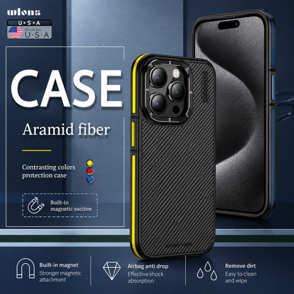 A blue product graphic shows front and rear views of a black woven phone with yellow side accents. The front screen is dark, while the rear has three lenses within a raised silver-colored surround. Large text reads 'Case' and 'Aramid Fiber,' with color dots, feature captions, and a small USA graphic.