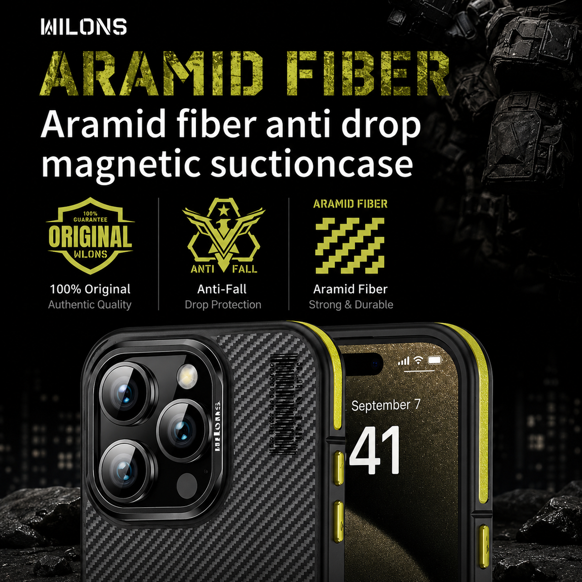 A black infographic with distressed yellow 'Aramid Fiber' lettering shows rear and front views of a black woven phone case with yellow side accents. The front screen displays a date and large clock digits. Three icons across the upper area are labeled for original material, anti-fall protection, and aramid fiber.