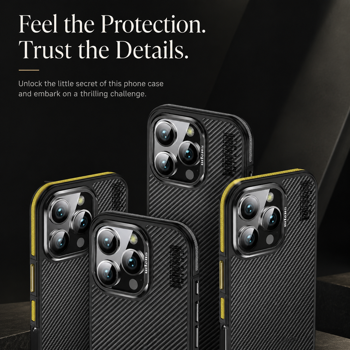 Three black phone cases with fine diagonal woven backs stand at different heights against a dark geometric background. The center case stands farther back, with two larger cases overlapping it in front. Each shows three rear camera lenses inside a raised metallic-looking surround; yellow accents edge the front-left case. Text at upper left reads Feel the Protection. Trust the Details.