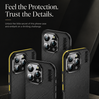 Three black phone cases with fine diagonal woven backs stand at different heights against a dark geometric background. The center case stands farther back, with two larger cases overlapping it in front. Each shows three rear camera lenses inside a raised metallic-looking surround; yellow accents edge the front-left case. Text at upper left reads Feel the Protection. Trust the Details.