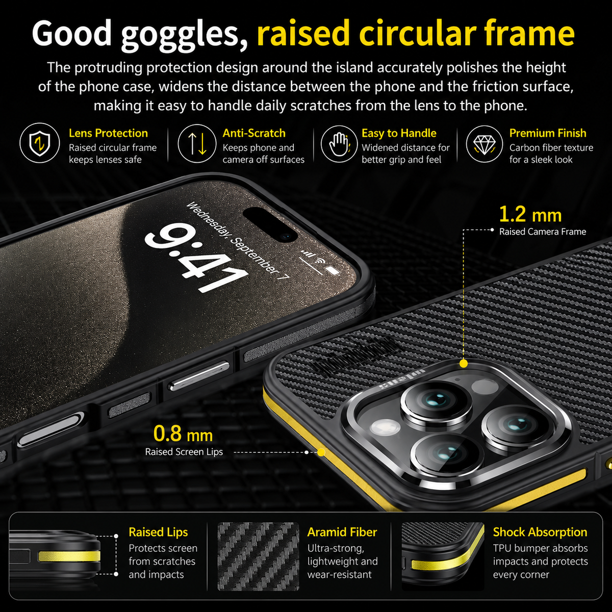 A dark diagram pairs a front-facing phone displaying 9:41 with a rear view of a black woven case and three camera lenses. Yellow pointer lines mark a 1.2 mm raised camera frame and a 0.8 mm raised screen lip. The heading reads 'Good Goggles, Raised Circular Frame,' with additional small feature icons.