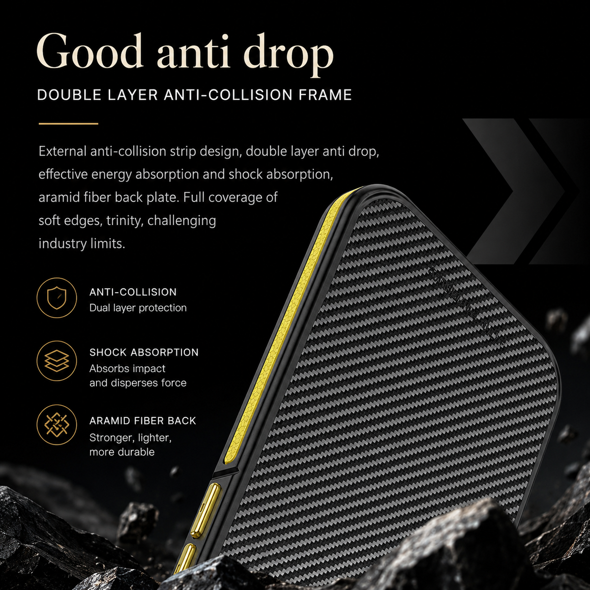 A yellow-accented black woven phone case is shown diagonally emerging from jagged black rocks. A raised camera surround and long yellow side button remain visible beside the woven back. The dark infographic is headed 'Good Anti Drop,' with a double-layer frame caption and icons for collision, shock absorption, and the fiber back.