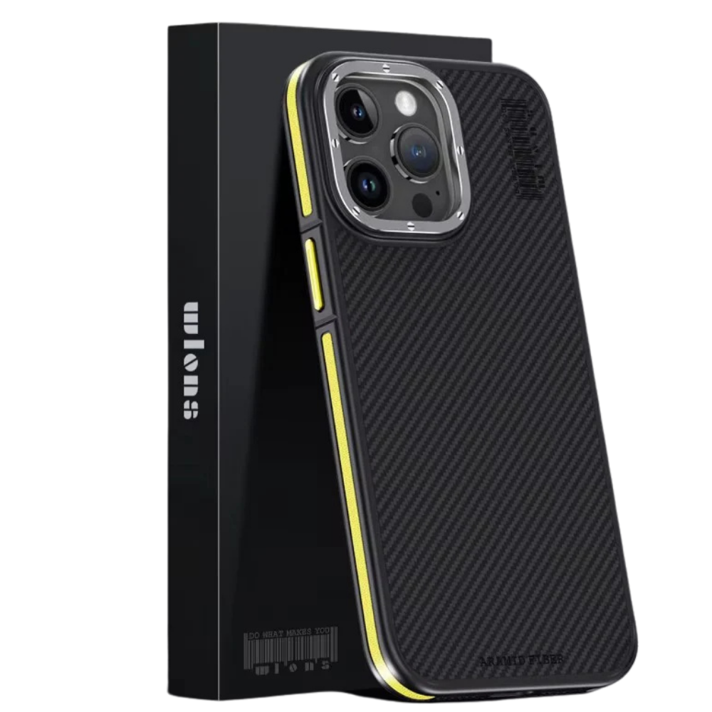 A black phone case with a diagonal weave pattern stands against a black retail box on a white background. Yellow accents highlight the exposed side buttons and border. Three rear camera lenses sit within a silver-colored surround at the upper left, and the case is angled to show the back and narrow side.