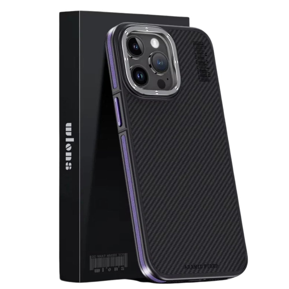 A black diagonally woven phone case stands at a slight angle in front of a tall black retail box against a white background. Purple accents trace the exposed side and button covers. A silver-colored rectangular surround frames three rear camera lenses above the otherwise plain patterned back.