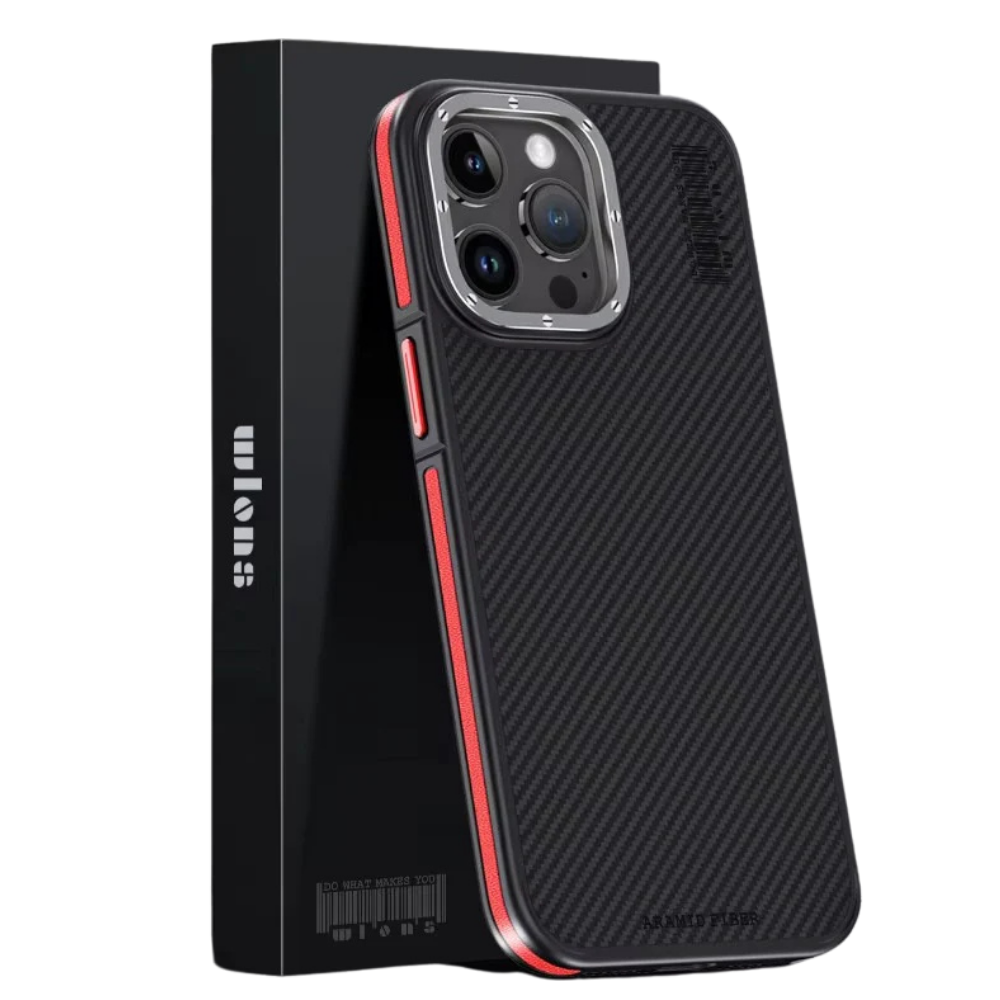 A black phone case with a diagonal weave pattern stands in front of a tall black retail box on a white background. Red accents line the exposed side buttons and border, contrasting with the silver-colored three-lens camera surround. The phone is angled slightly to reveal the back and sidewall.