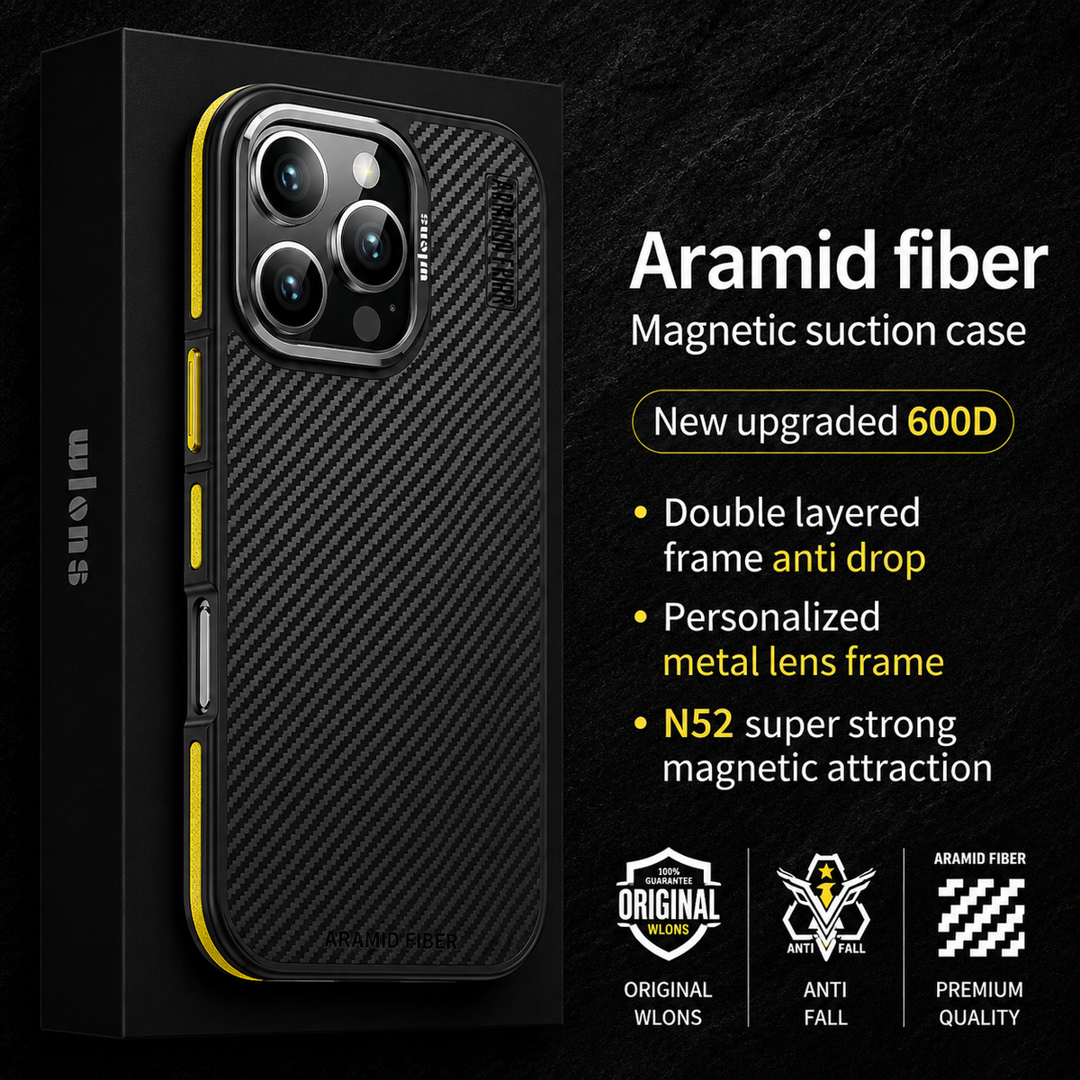 A yellow-accented black woven phone case stands in front of its retail box against a dark textured background. Three rear lenses sit inside a silver-colored surround. At right, text reads 'Aramid Fiber' and 'New Upgraded 600D,' with a list of construction and magnetic features and three small icons below.