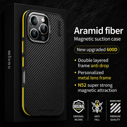 A yellow-accented black woven phone case stands in front of its retail box against a dark textured background. Three rear lenses sit inside a silver-colored surround. At right, text reads 'Aramid Fiber' and 'New Upgraded 600D,' with a list of construction and magnetic features and three small icons below.