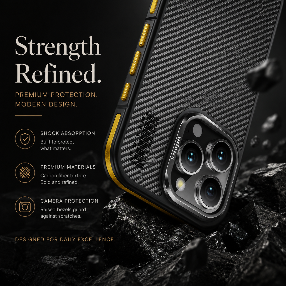 A close-up shows the corner of a black diagonally woven phone case tilted onto rough black rocks. Yellow side accents and a raised silver-colored three-lens camera surround catch the light, with small fragments floating nearby. At left, 'Strength Refined' appears above three feature icons.